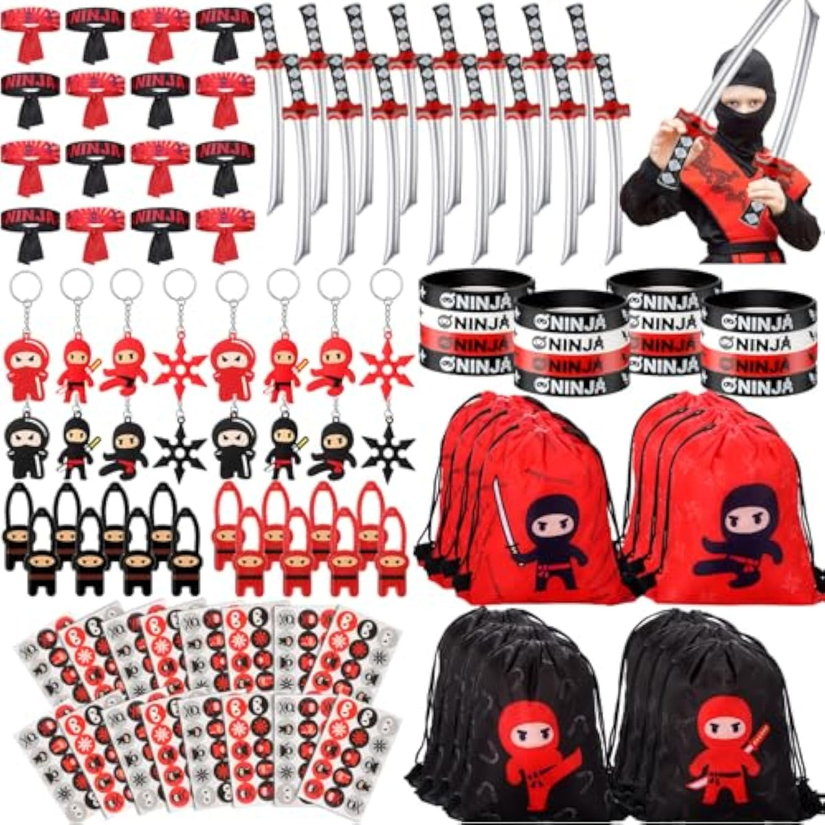112 Pcs Ninja Pirate Party Favors With Drawstring Backpack Headband Inflatable Sword Bracelet Sticker Keychain Stretch Ninja Or Pirate Eye Mask For Karate Birthday (Ninja Style)