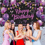 Purple Happy Birthday Banner - Black Gold Party Decorations Large Sign Shiny Backdrop Photo Booth Background For Women Girls 71 X 44 Inch