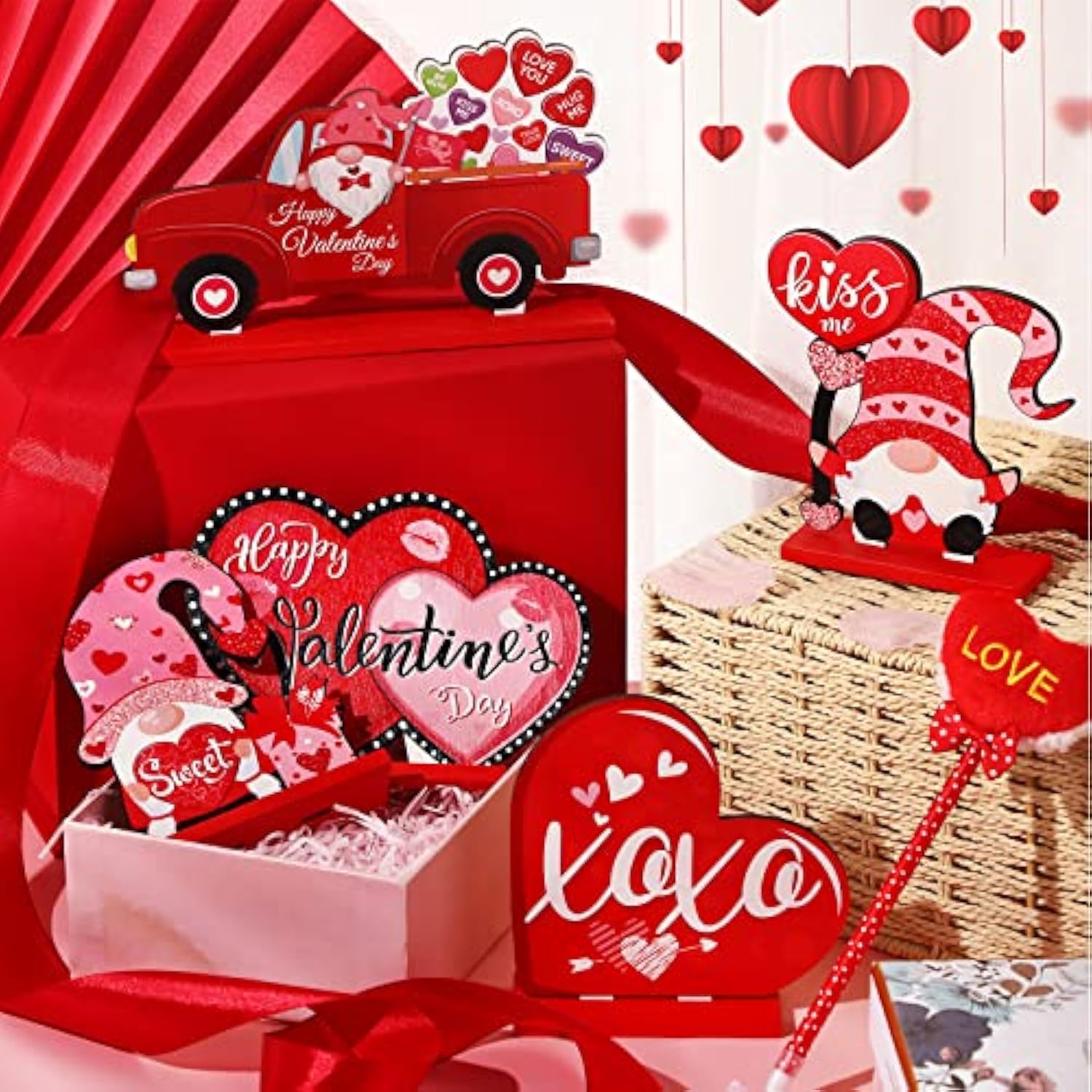 5 Pieces Valentine'S Day Wooden Table Sign Decoration Freestanding Table Centerpiece Sign Romantic Truck Heart Shape Home Decor Tiered Tray Gnome Valentines Day Accessories(Red)