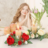 Valentines Red Roses Candle Rings Wreaths Artificial Flowers Wedding Centerpieces Candle Holder With Green Leaves For Engagement Farmhouse Party Front Door Home Tables Decoration Supplies