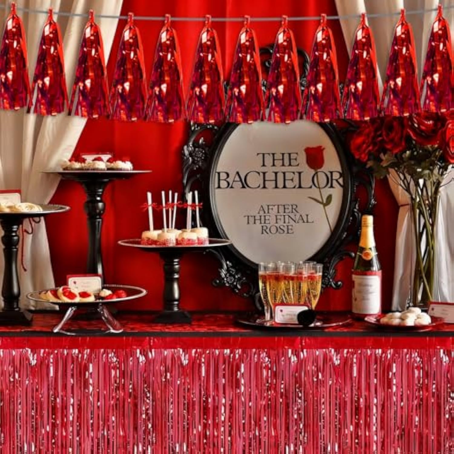 3P Red Tassel Banner Garland Metallic Foil Fringe Banner Tinsel Tassels Streamer Banner Backdrop For Parade Floats, 2025 Graduation Decorations, Wedding Party Decoration