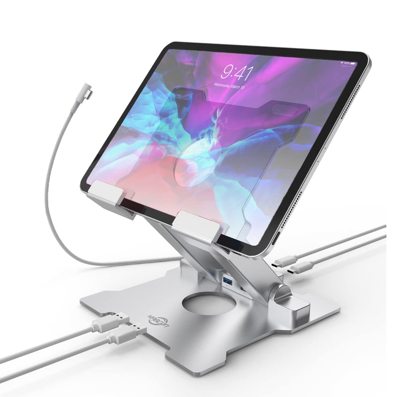 Ipad Stand With Usb/Usb C Hub,Tablet Stand Adjustable Desktop Holder With Usb