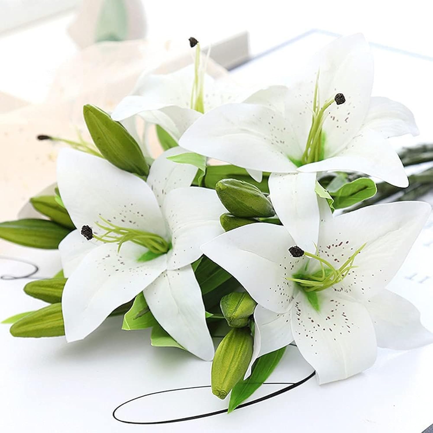 6 Bundles Artificial Tiger Lily Flowers White Touch Lilies Flower Bouquet Faux Floral Table Centerpieces Arrangement For Wedding Home Party Garden Office Decor (White)