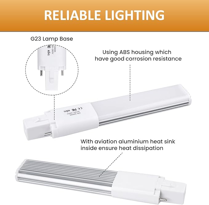 G23 LED PL-S Bulbs 2 Pack 6W 13W CFL Equivalent Warm White 2 Pin Ballast Bypass LED Replacement