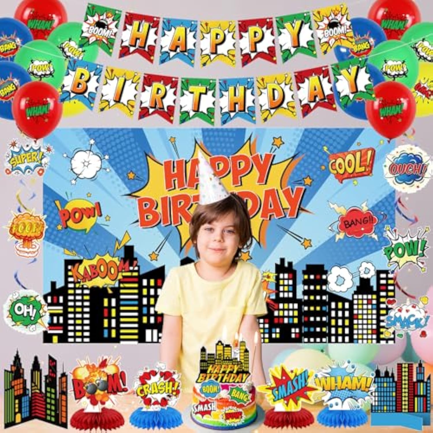 City Hero Birthday Decoration Set with Backdrop & Balloons