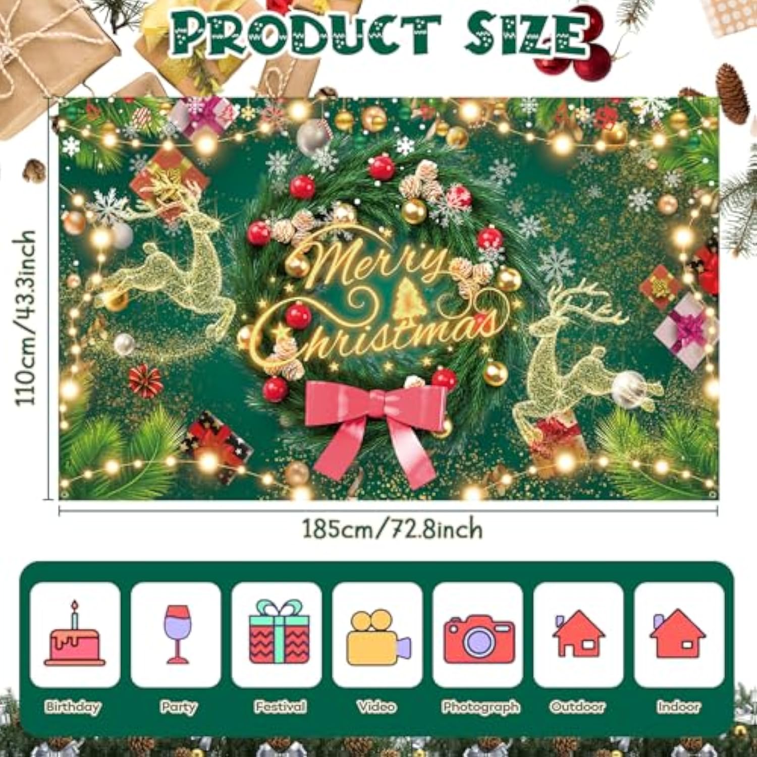 Merry Christmas Large Fabric Banner Background Sign, Green Elk Garland Xmas Banner Backdrop Photo Props For Wall Party New Year Winter Decorations