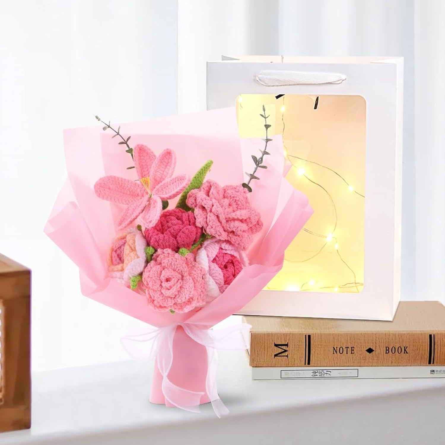 Crochet Flower Bouquet: Artificial Knitted Roses Tulips For Love Mother'S Day Wedding Anniversary Teachers' Day Decoration Including Lighting Fixtures Gift Bags?Pink?