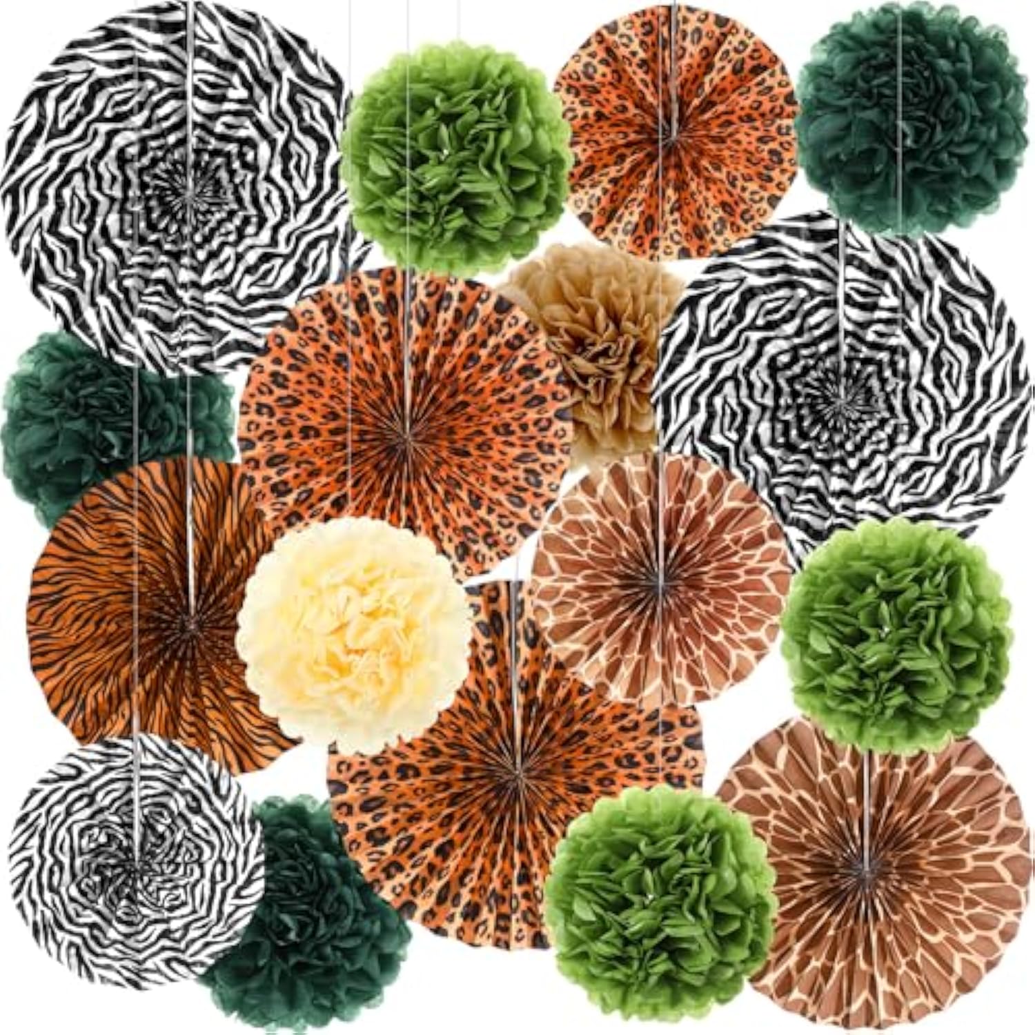 21 Pcs Jungle Safari Party Decorations Safari Theme Hanging Decoration Animal Print Hanging Paper Fans Green Tissue Paper Pom Poms Jungle Supplies For Wild Birthday Baby Shower Party Supplies