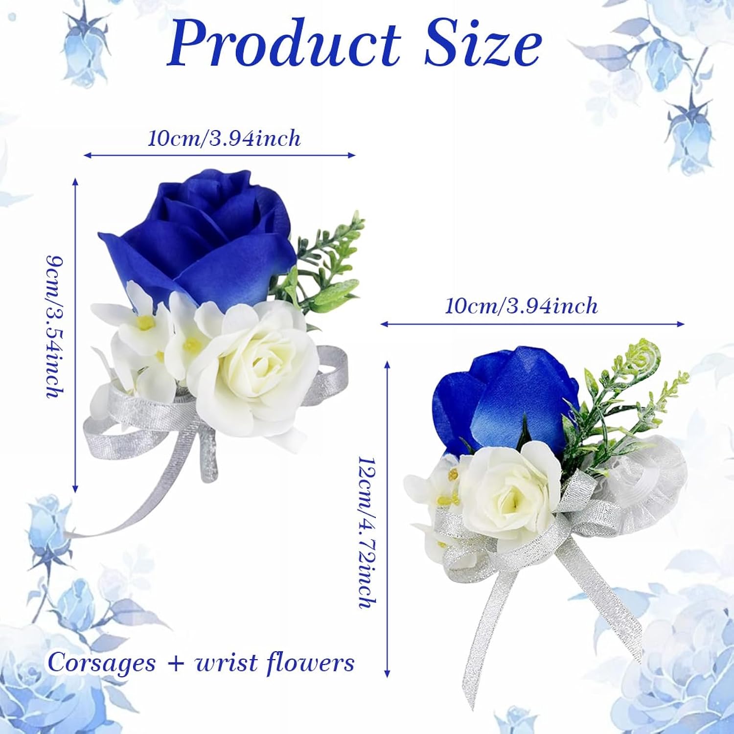 Artificial Rose Wrist Corsage And Boutonniere Set Handmade Wedding Flower Accessories With Ribbon Prom Suits Decorations For Bride Bridesmaid (Blue And White)