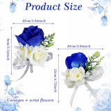 Artificial Rose Wrist Corsage And Boutonniere Set Handmade Wedding Flower Accessories With Ribbon Prom Suits Decorations For Bride Bridesmaid (Blue And White)