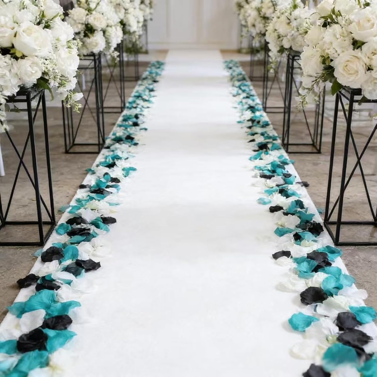 900 Pcs Teal And Black Artificial Rose Petals - Aqua Turquoise White Silk Flower Petals For Wedding Aisle Decor, Gothic Party Table Scatters, Centerpiece Fillers, Bridal Shower & Flower Girl Baskets