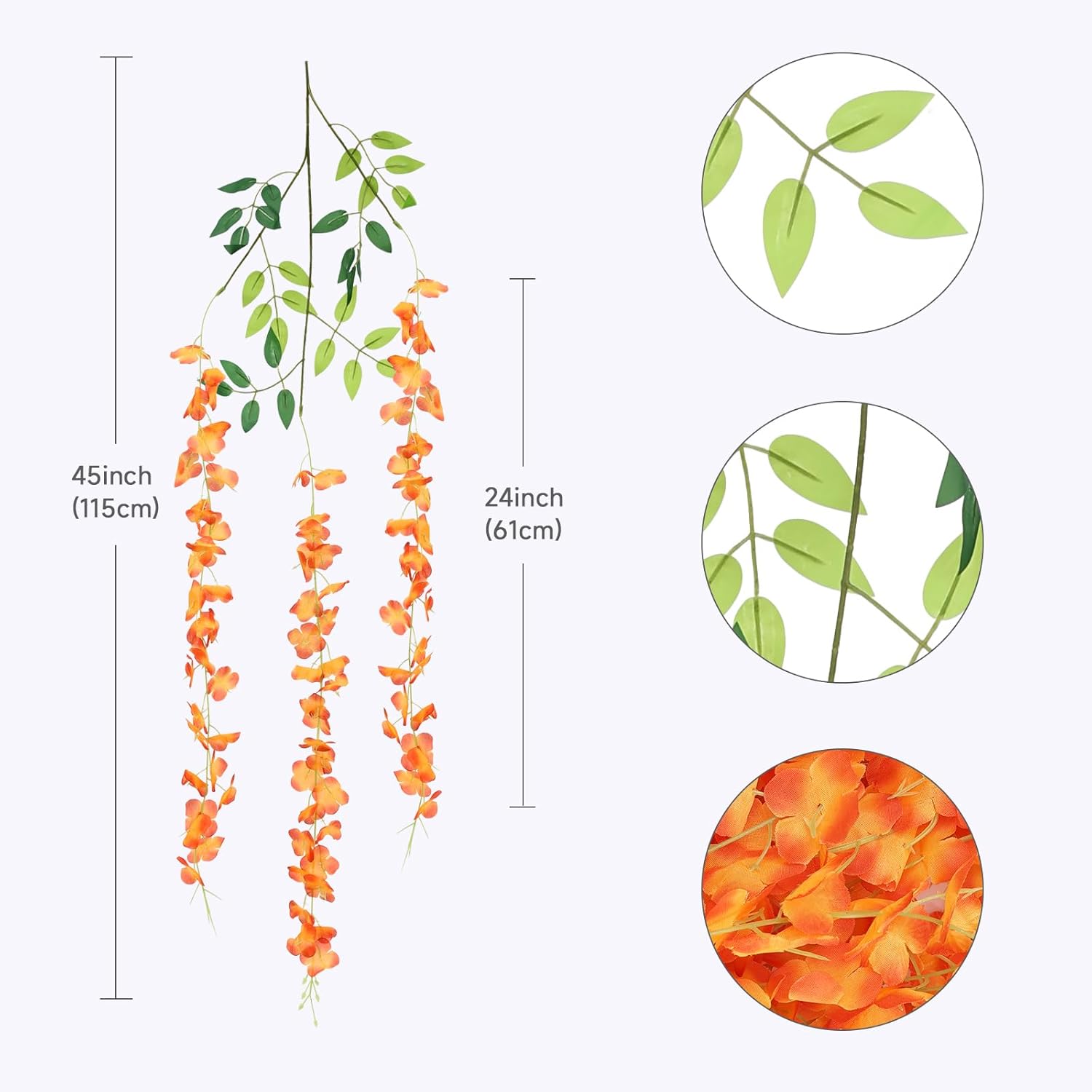 12 Pack Wisteria Hanging Flowers, 45 In /3.7Ft Artificial Vine Hanging Flowers For Decoration, Fake Long Rattan Hanging Garland Silk Flowers String For Wedding, Garden, Bedroom, Home Decor-Orange
