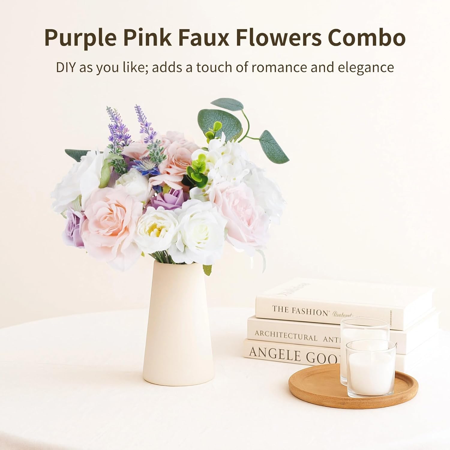 Purple Pink Artificial Flowers Combo Box, Silk Floral Wedding Bouquets Rose With Stem For Diy Wedding Arrangement Bridal Baby Shower Flower Vase Centerpiece Cake Decor