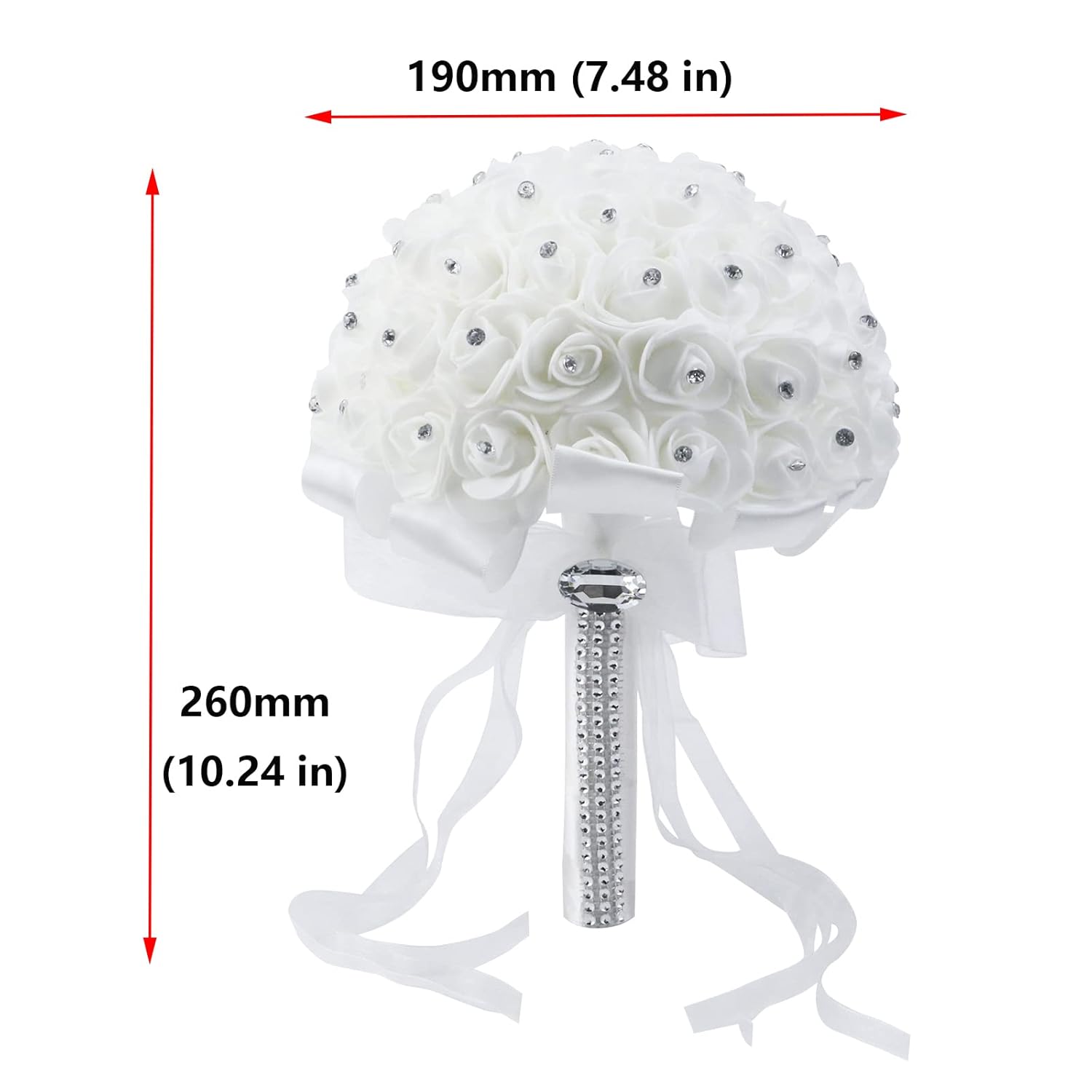 7.5Inches White Rhinestone Ribbon Bridal Wedding Bouquet 1Pcs Handmade Artificial Silk Holding Flowers For Wedding