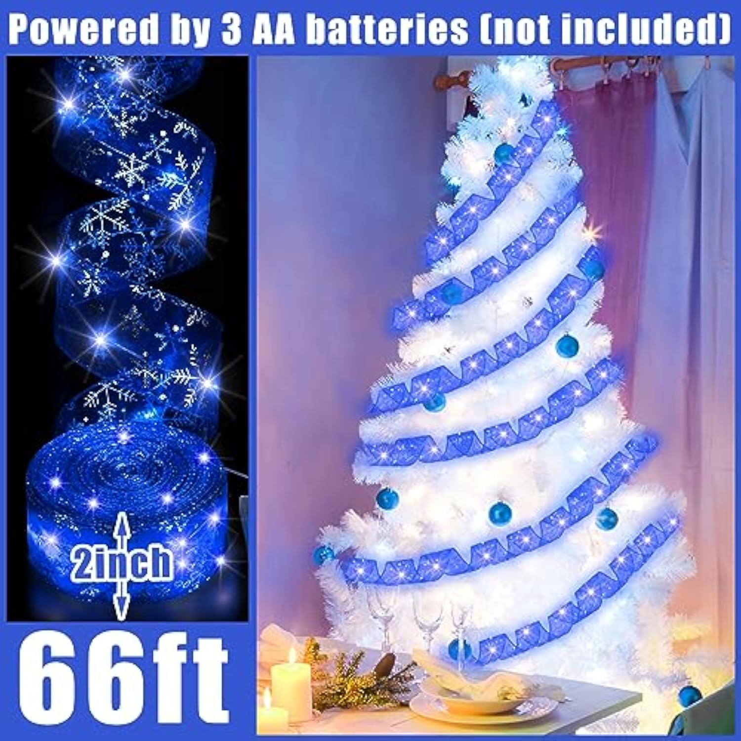 Christmas Ribbon With Lights 2 Inch X 66Ft 100 Led Christmas Tree Ribbon Decorations Battery Operated Fairy String Light