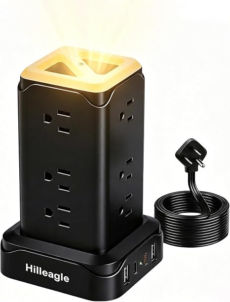 12 Outlet Tower Power Strip 4 USB Ports 6FT Cord Surge Protector Black