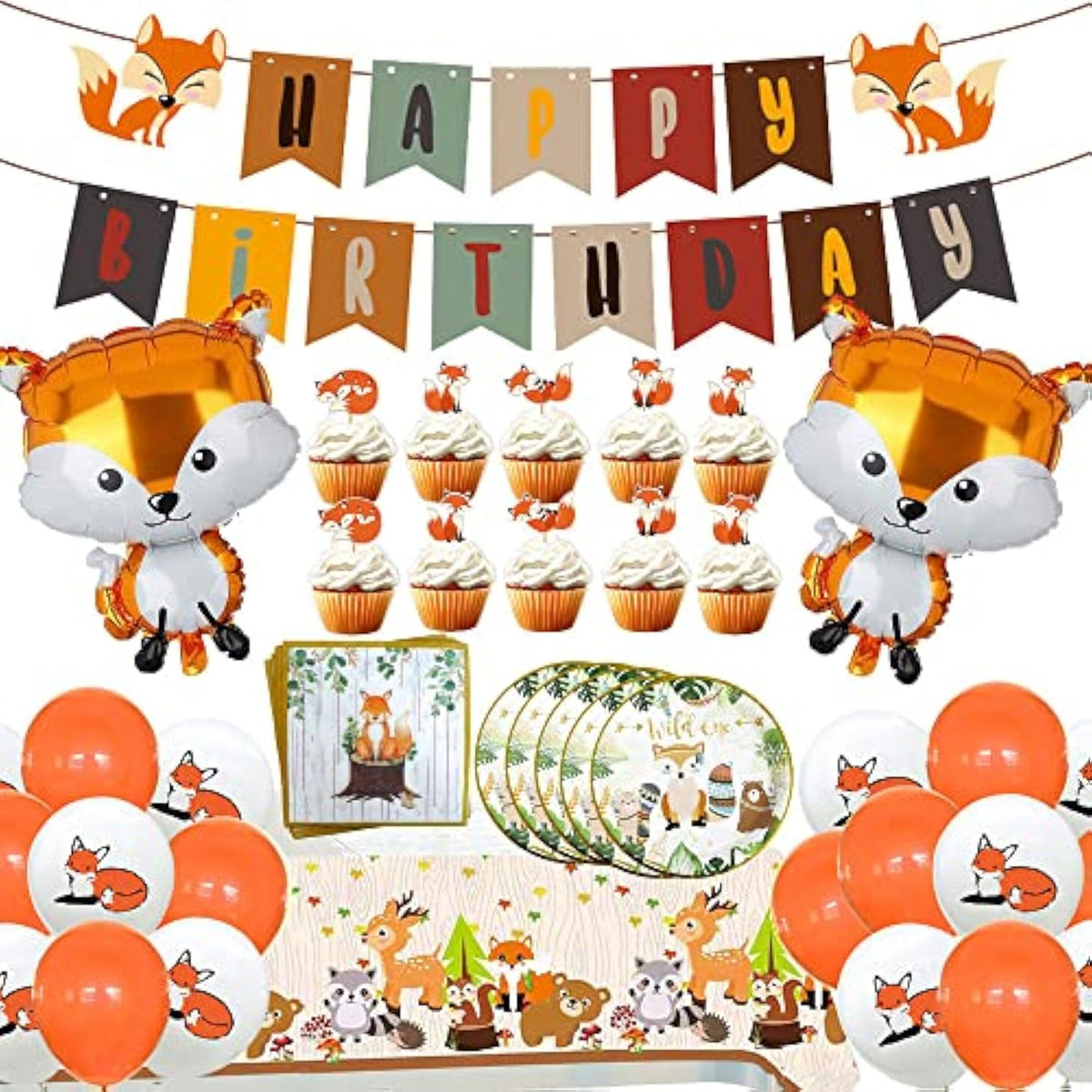 Fox Theme Birthday Party Supplies Decorations, 48Pcs Fox Party Supplies Kit Includes Fox Happy Birthday Banner, Fox Balloons And Various Party Tableware Supplies With Cartoon Fox For Kids Boys Girls