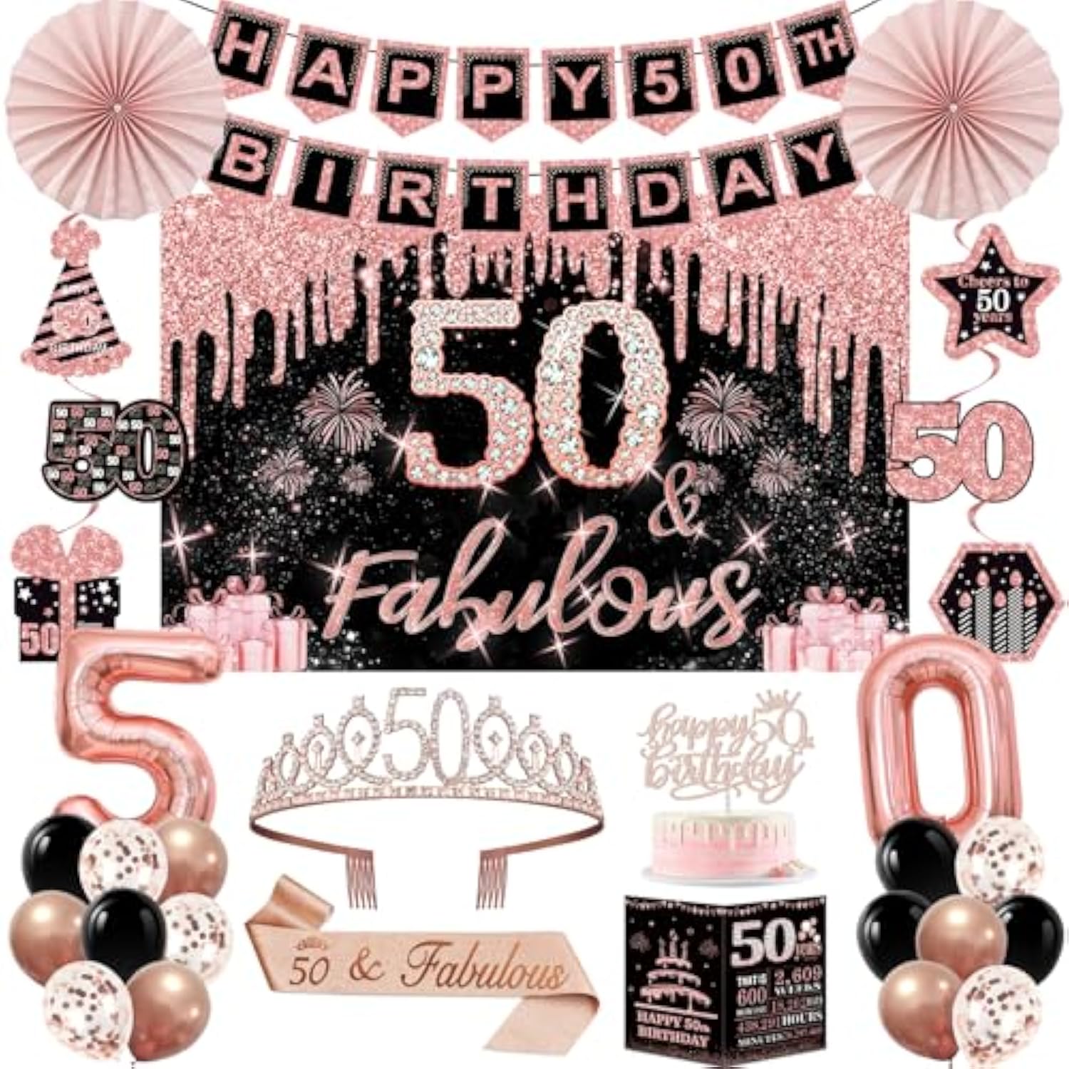 50Th Birthday Decorations For Women,32Pcs 50Th Birthday Party Decorations,Including Backdrop, Crown, Sash, Banner, Hanging Swirl,Cake Topper,Balloons,Paper Fans,Anniversary Card And Paper Fans