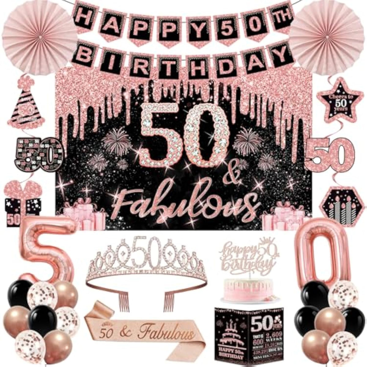 50Th Birthday Decorations For Women,32Pcs 50Th Birthday Party Decorations,Including Backdrop, Crown, Sash, Banner, Hanging Swirl,Cake Topper,Balloons,Paper Fans,Anniversary Card And Paper Fans