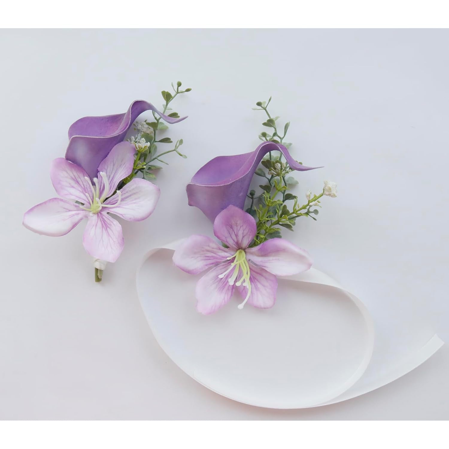 2 Pieces Party Prom Homecoming Artificial Calla Lily Corsage And Boutonniere Set, Groom Groomsmen Bride Bridesmaids Wedding Simulation Flowers Accessories Suit Decorations- Purple
