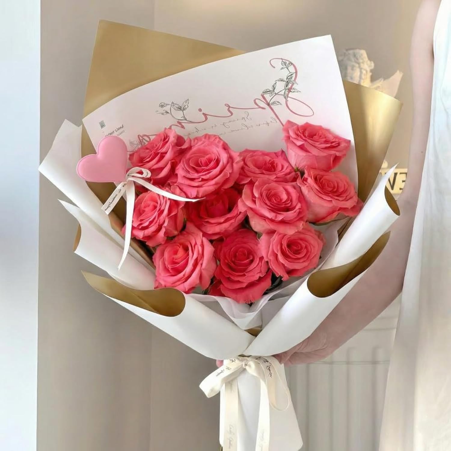 Double Sided Golden Flower Wrapping Paper Waterproof Gift Packaging Florist Bouquet Wraps, 20 Sheets 23.6X23.6 Inch (White)