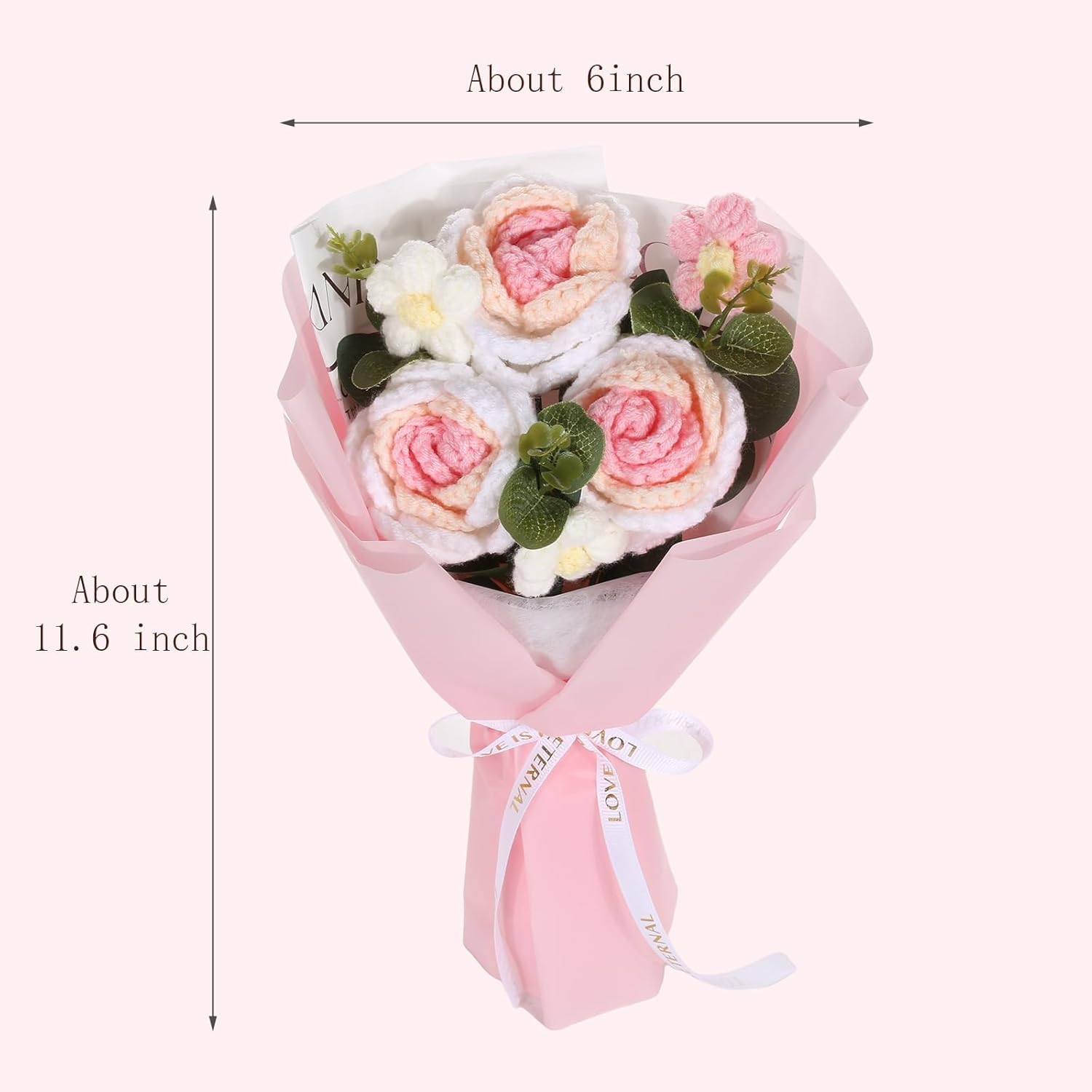 Crochet Flower Bouquet, 3 Flowers Crochet Graduation Flower Bouquet, Knitted Bouquet, Roses, Preserved Flower For Mother'S Day, Valentine'S Day, Birthday (Pink)