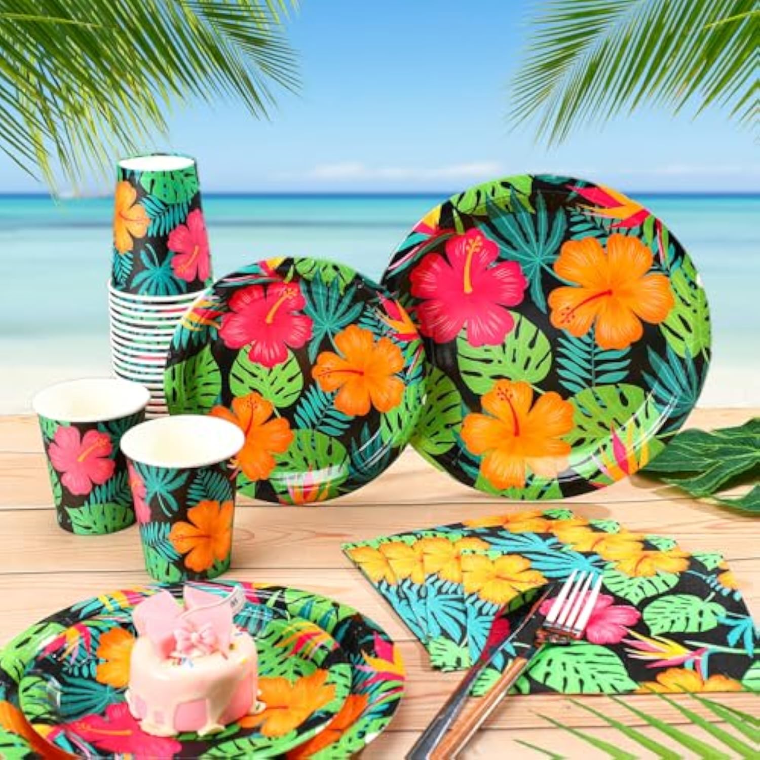 200 Pcs Tropical Nights Hawaiian Aloha Party Supplies Serve 50 Guests Luau Paper Plates Cups Napkins For Summer Beach Tableware Pool Party