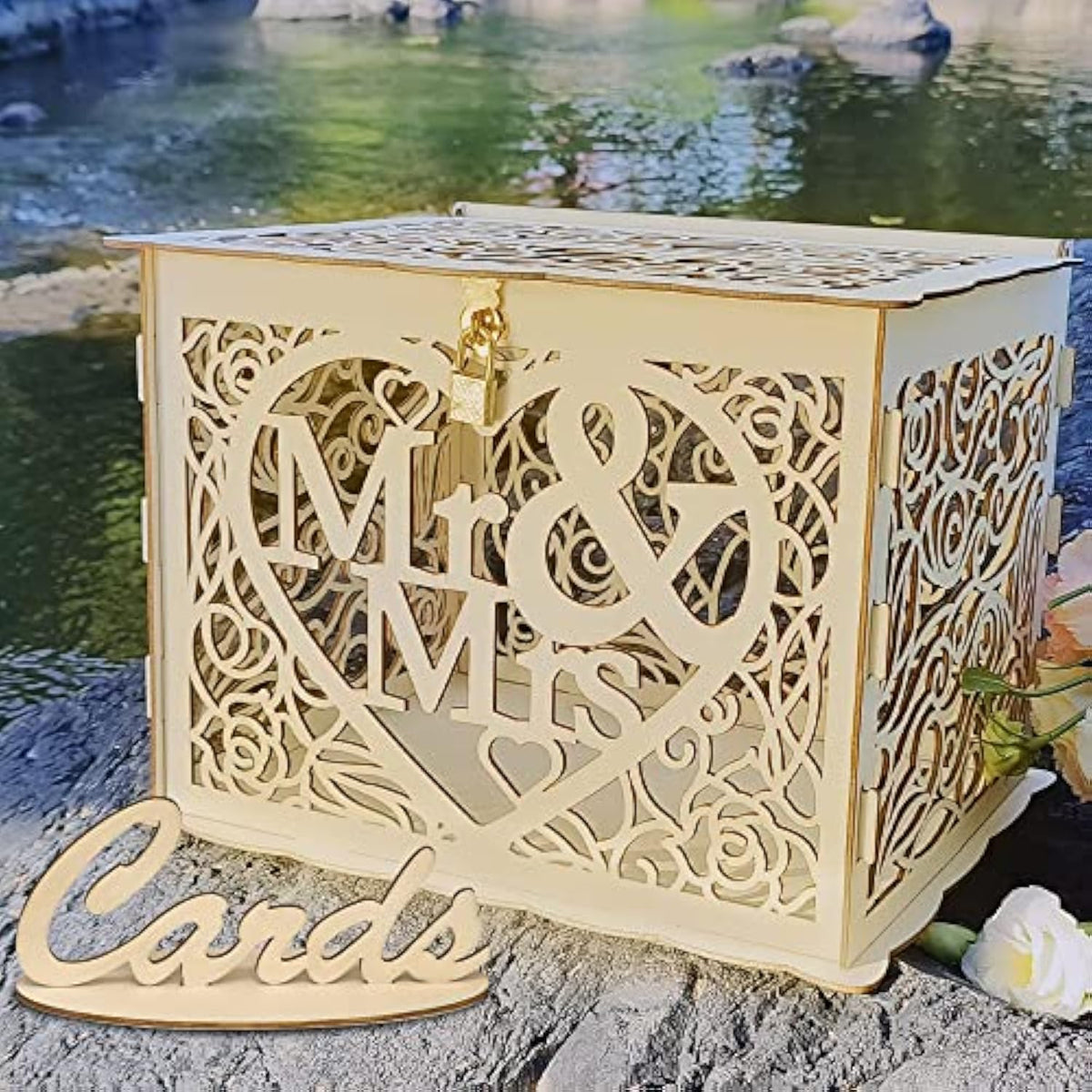 Wedding Card Box With Lock And Card Sign, Wooden Gift Card Box Money Box For Reception Wedding Anniversary Baby Shower Birthday Graduation Party Decorations(Mr & Mrs)