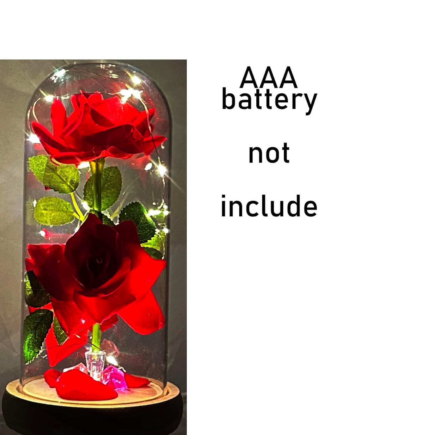 Enchanted Rose In Glass Dome With Lights, Red Silk Flower, Christmas Birthday Mother'S Day (Wood Base)