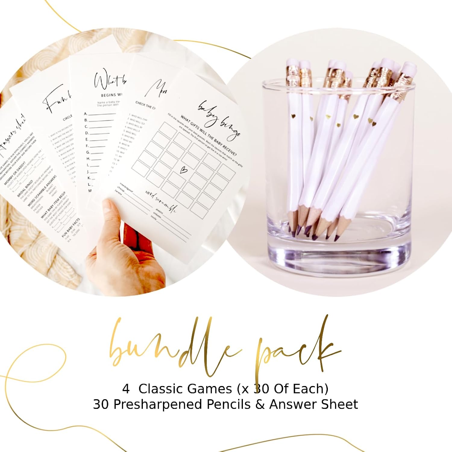 Baby Shower Games, Set Of 4 Minimalist Baby Shower Games For 30 Guests, Boy Or Girl, Double-Sided Cards, 30 Pencils (Minimalist)