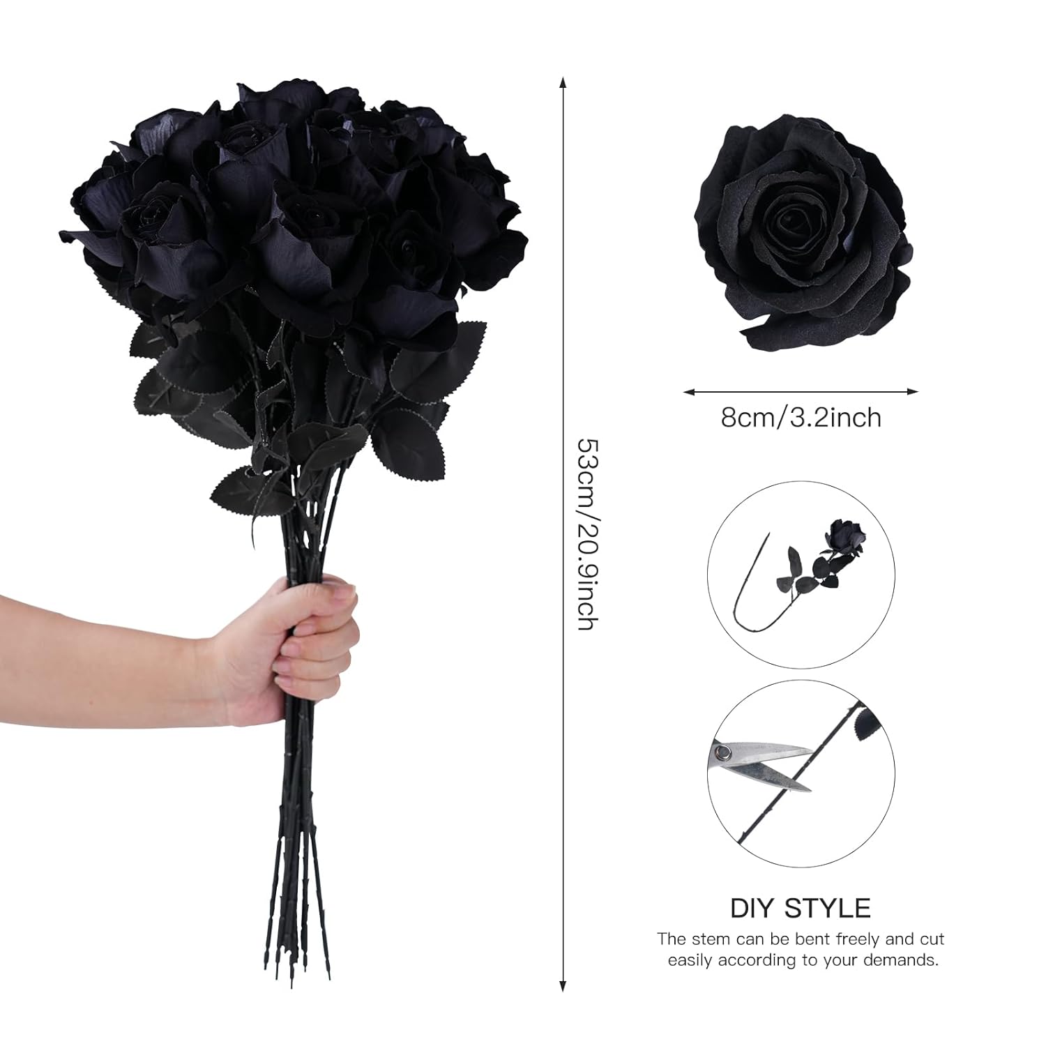 12 Pcs Black Roses Artificial Flowers With Long Stem, Faux Silk Rose Bouquet Realistic Lifelike Fake Floral Bundles For Halloween Valentine'S Day Wedding Party Table Centerpiece Decor, Small