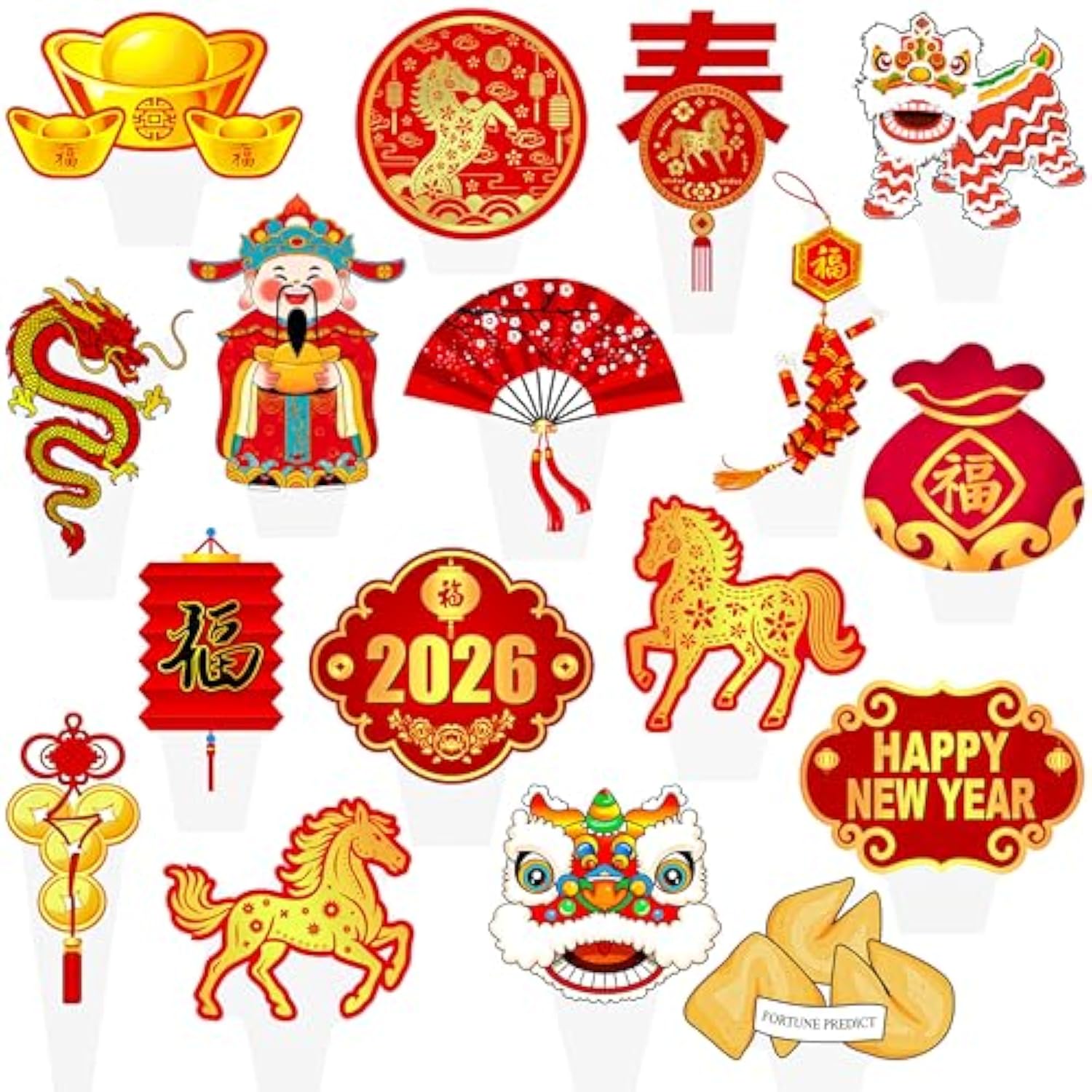 48pc Happy Chinese New Year Cupcake Toppers Year of the Horse Lunar Party