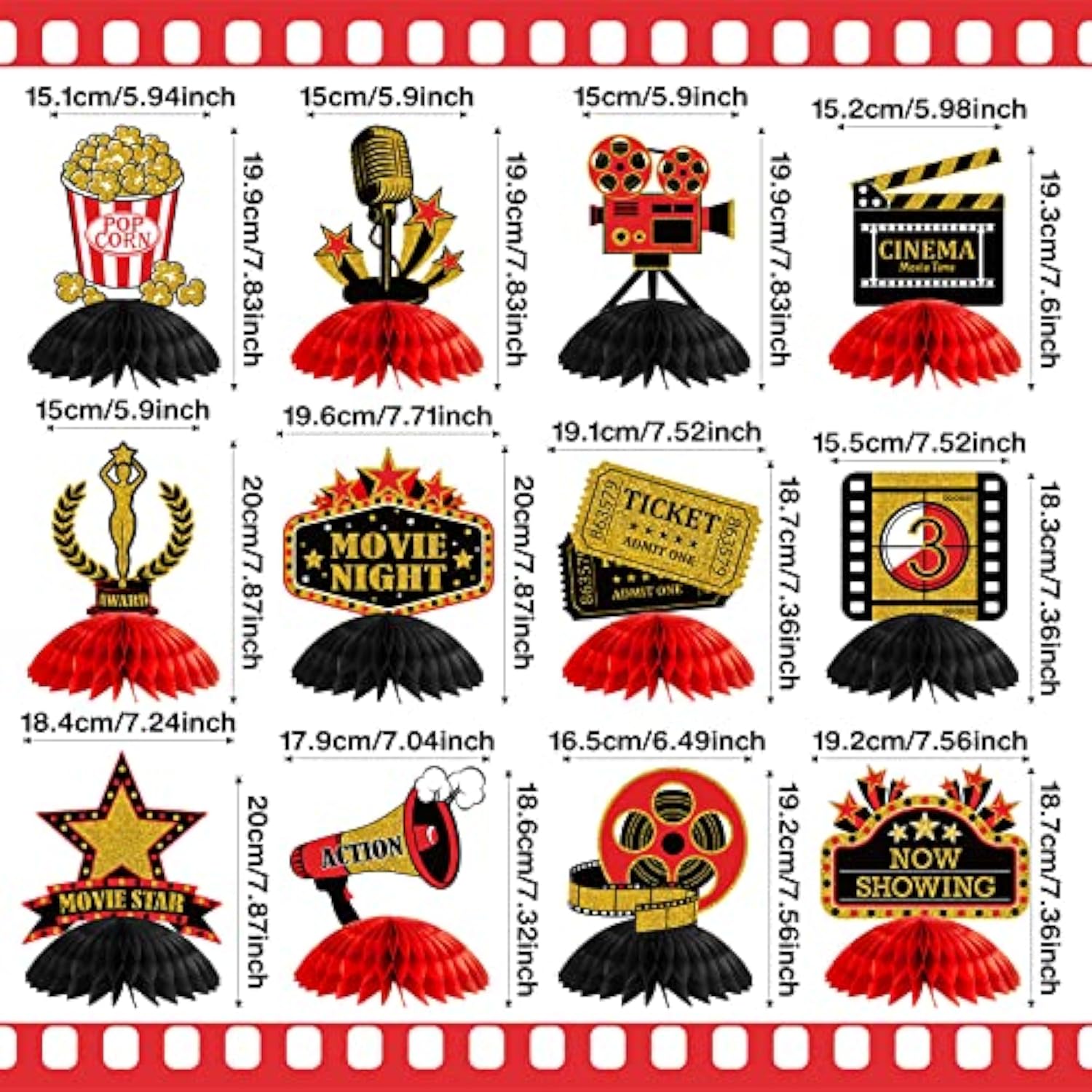 Movie Night Honeycomb Centerpieces: 3D Party Decorations, Set of 12