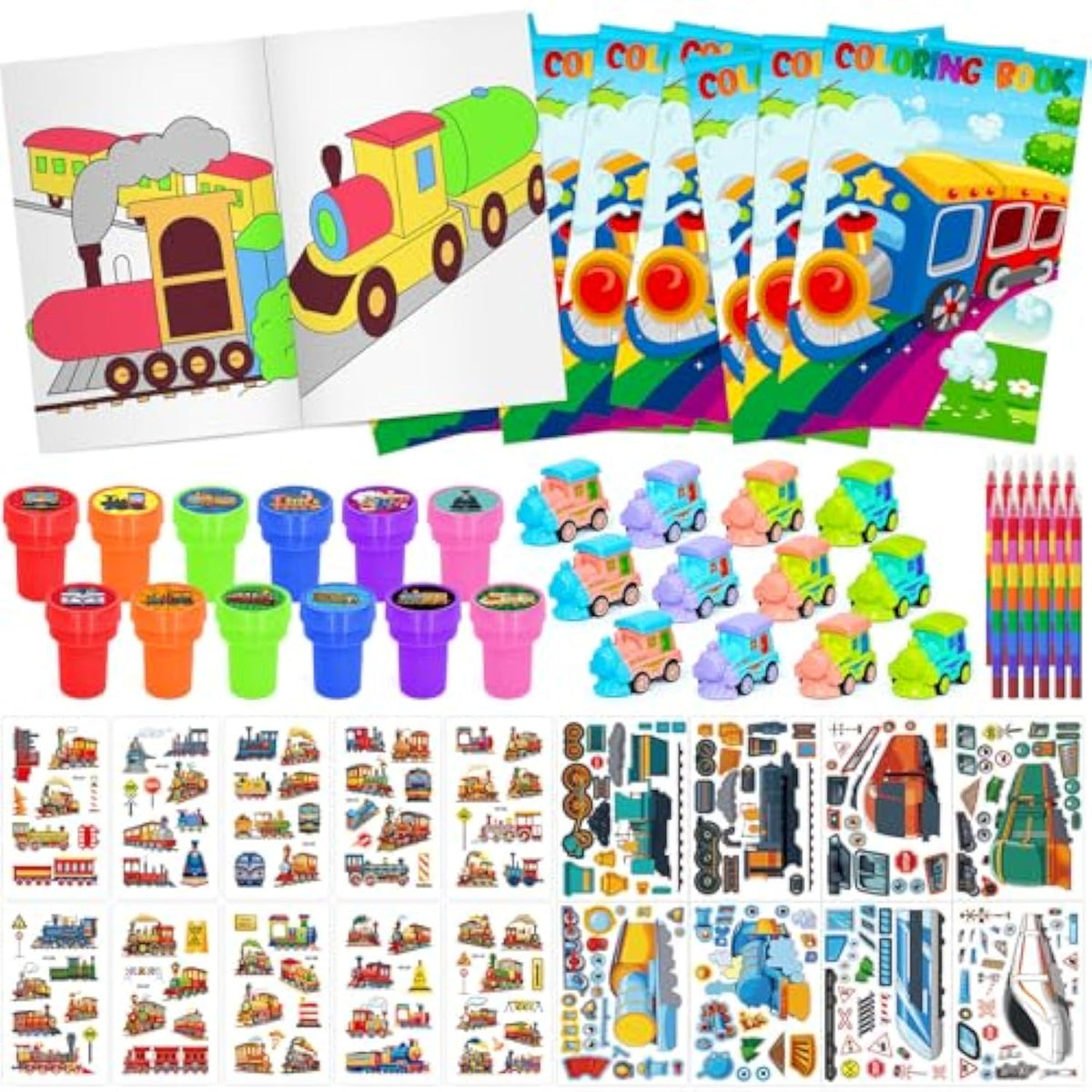 72 Pcs Train Party Favors,Train Print Party Supplies Include Coloring Books Stickers Stamps Diy Art Crafts Goody Bags Fillers For Train Car Railway Transportation Birthday Party
