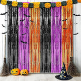 3 Pack Halloween Foil Fringe Curtains 3.3x6.6ft Backdrop with 16 Bat Decorations