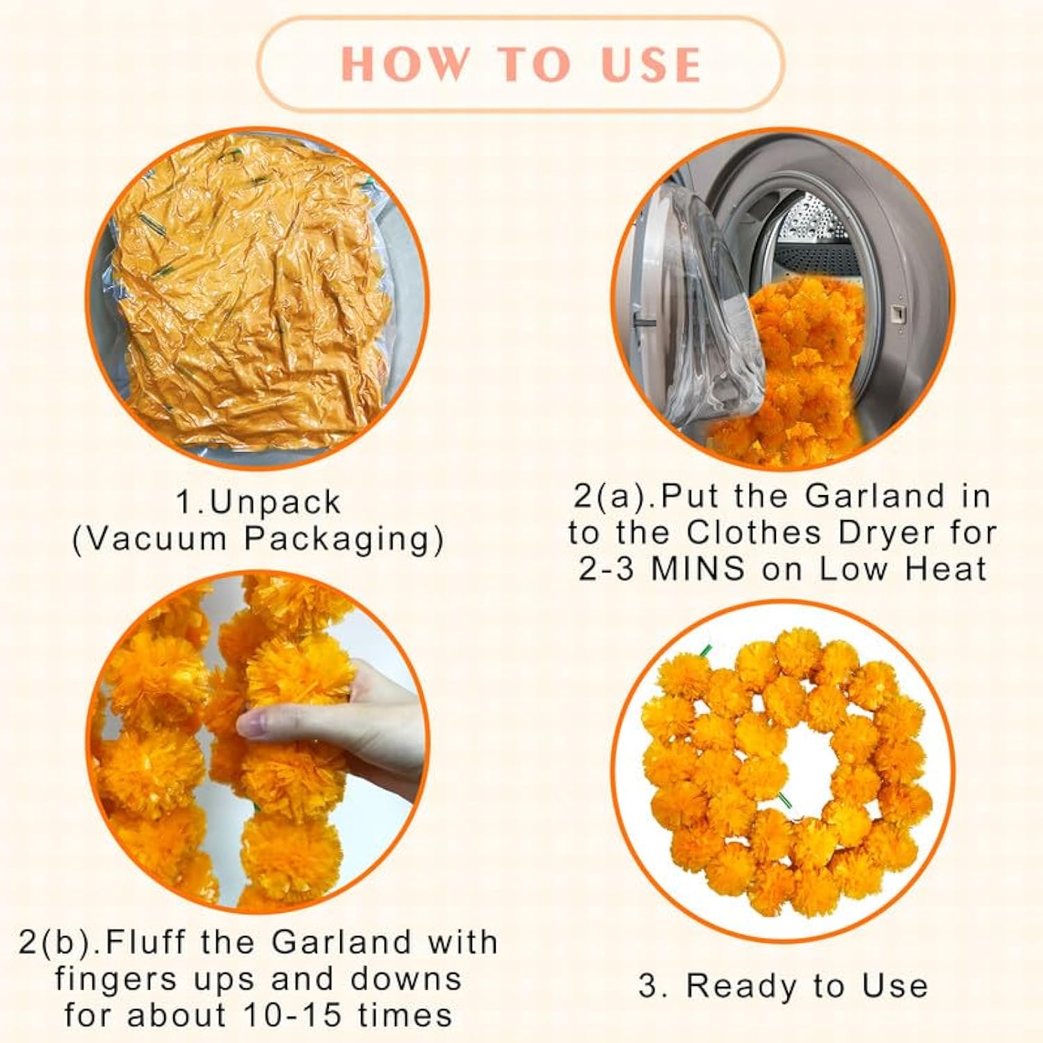Artificial Marigold Garland, Golden Yellow 5 Feet Long Faux Flowers For Dia De Los Muertos Decorations, Pooja, Diwali, Indian Decor (4 Pieces,Orange)