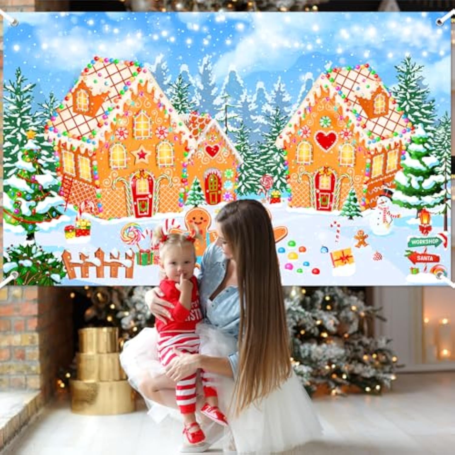 Christmas Gingerbread House Backdrop Winter Merry Xmas Gingerbread House Banner Gingerbread Christmas Banner For Kids Newborn Baby Shower Birthday Party Decorations (6X3.6Ft)