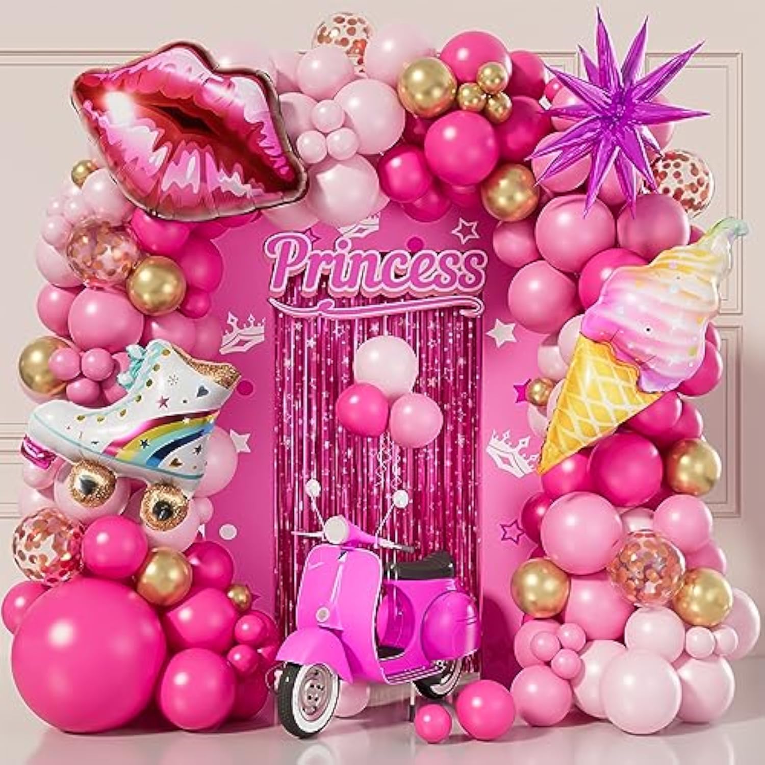 128 Pcs Hot Pink Balloon Arch Kit Gold Star Confetti Party Decorations