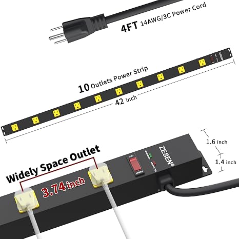 Heavy Duty Metal Power Strip 10 Outlets 4FT Extension Cord 2100J Surge Protector 15A 1875W Black