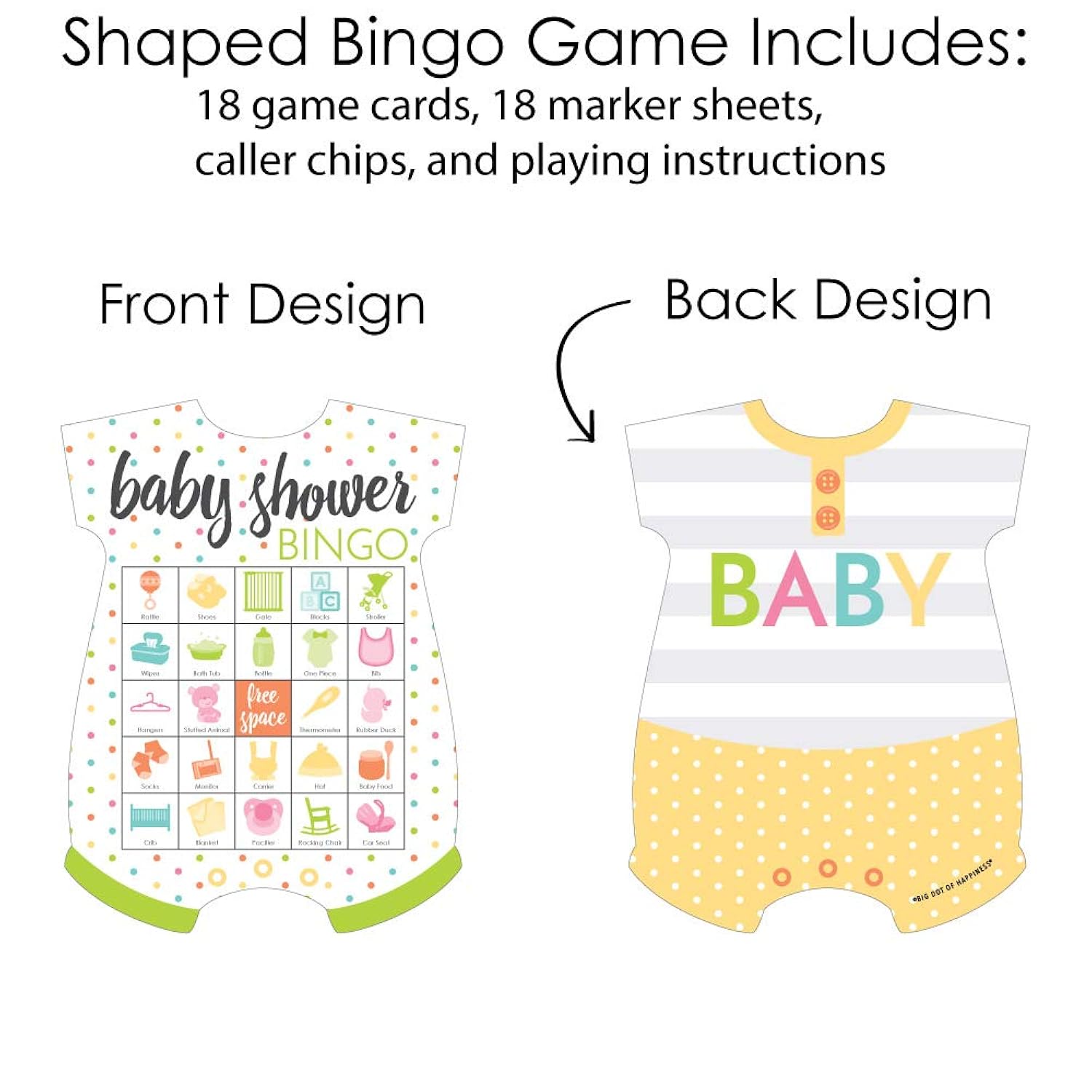 Big Dot of Happiness Baby Neutral - Picture Bingo Cards and Markers - Baby Shower Shaped Bingo Game - Set of 18