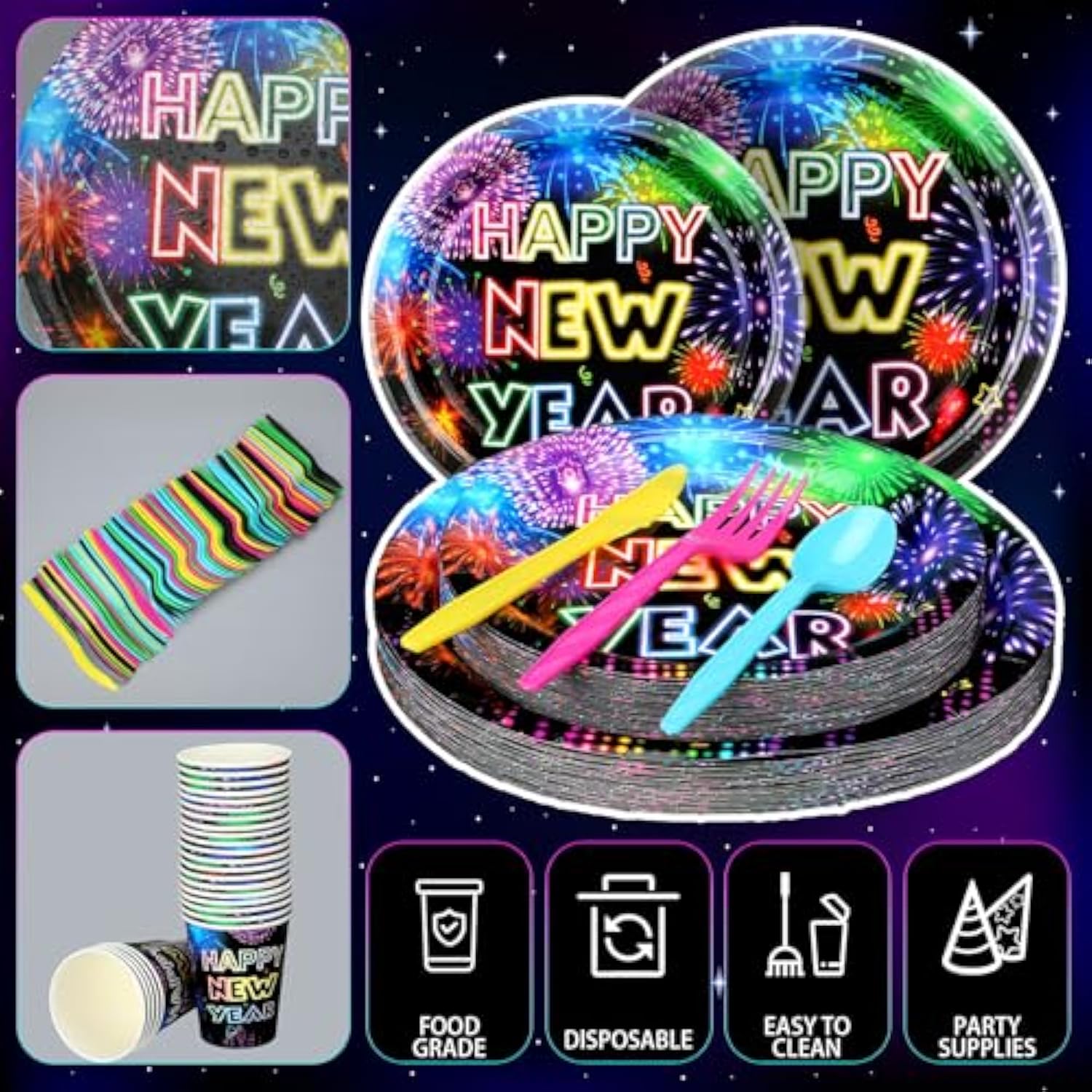 150pcs Neon 2026 New Year Party Plates & Cutlery Set for 25 Guests