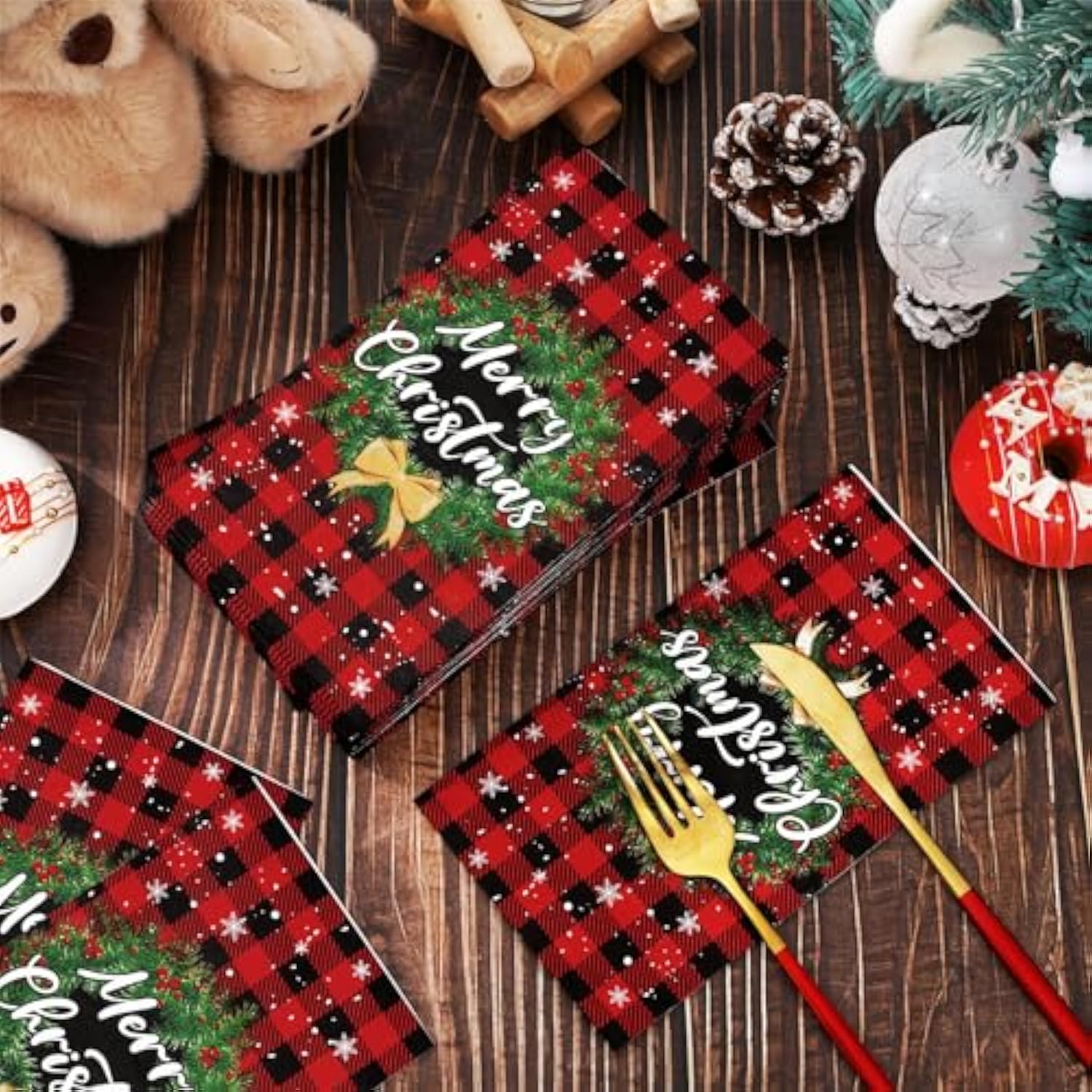 Christmas Guest Napkins Buffalo Plaid 3 Ply Disposable Paper Red Black Xmas Dinner Hand Napkin Towel Wreath Bathroom Napkins For Winter Party Supplies, 80Pcs