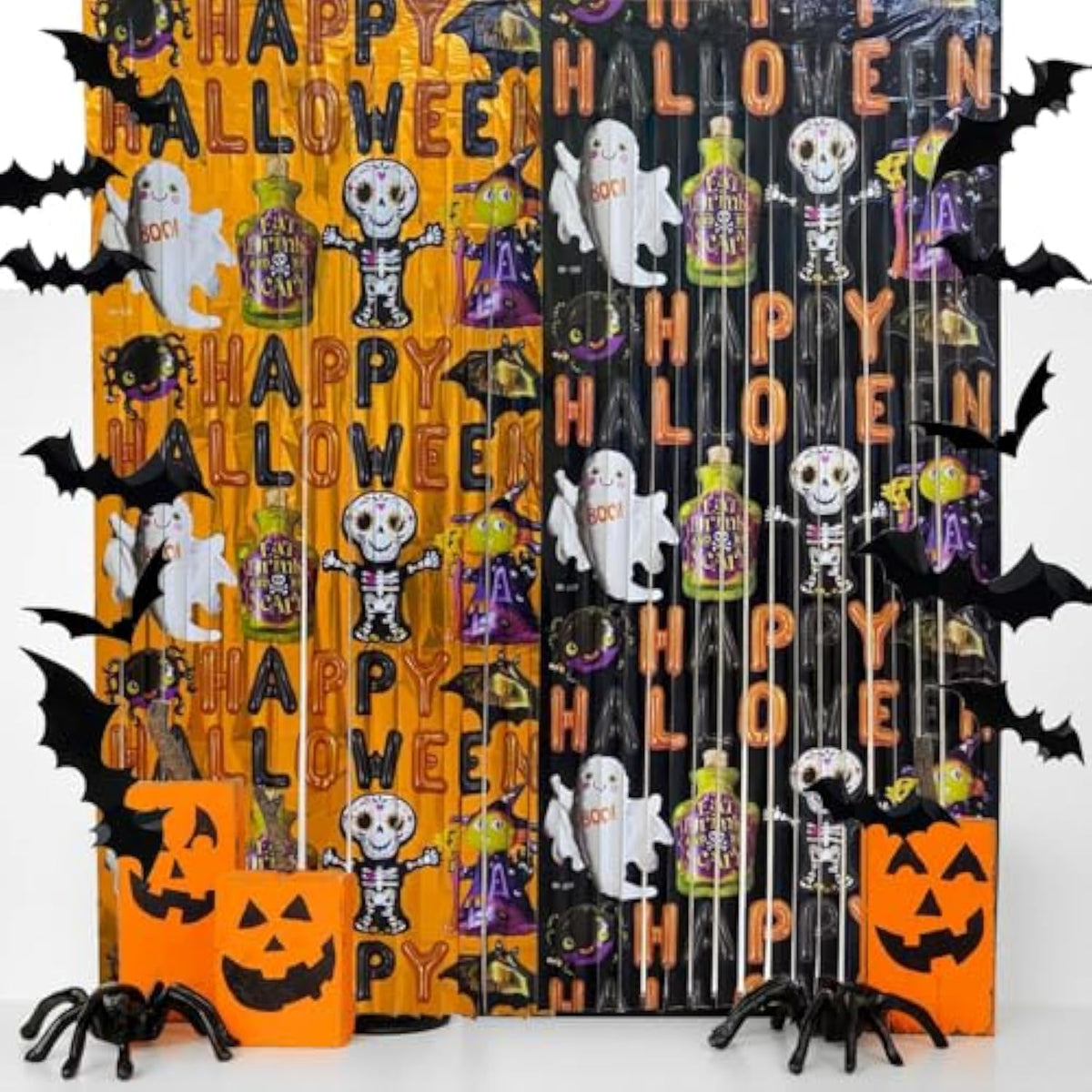 2 Pack Halloween Foil Fringe Curtains 3.3x6.6ft with Boo Ghost Pattern & Bat Stickers