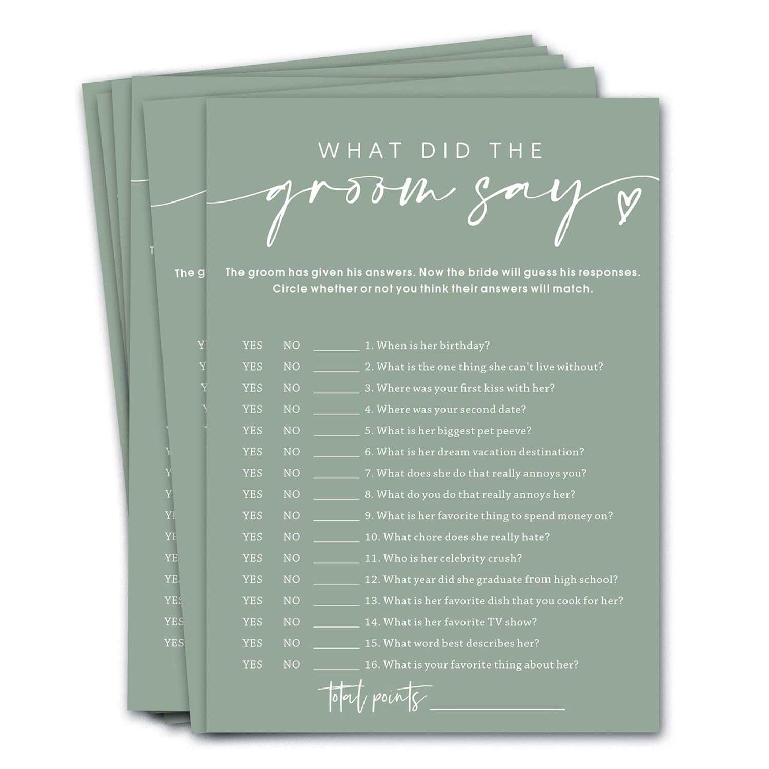 Bridal Shower Games Cards & What Did The Groom Say - 25 Guest Engagement Party Wedding Games - Minimalist Green Wedding Party Supplies - C12