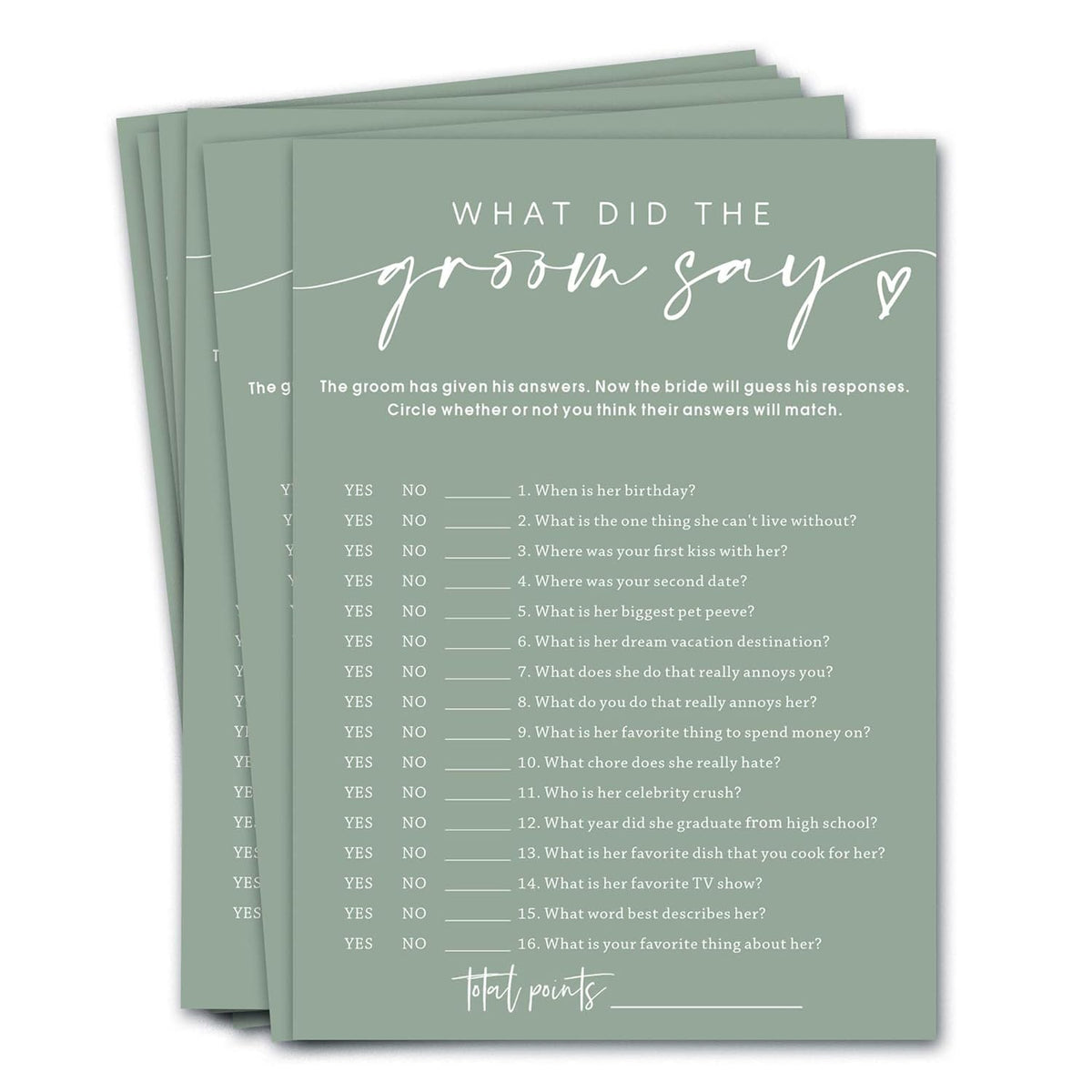 Bridal Shower Games Cards & What Did The Groom Say - 25 Guest Engagement Party Wedding Games - Minimalist Green Wedding Party Supplies - C12
