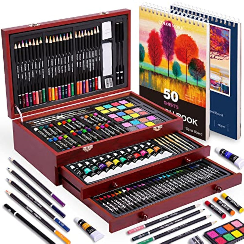 175 Piece Deluxe Art Set With 2 Drawing Pads, Acrylic Paints, Crayons, Colored Pencils, Paint Set In Wooden Case, Professional Art Kit, Art Supplies For Adults, Teens And Artist, Woodmuse Plus