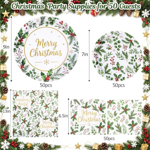 150Pcs Christmas Paper Plates and Napkins Party Supplies, Disposable 9’’& 7’’ Holiday Plates with Green Holly Leaves Red Berries Xmas Party Decorations Tableware Set, Serves 50 Guests