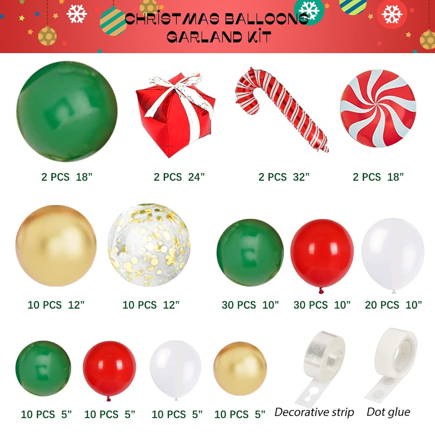 Christmas Balloon Garland Arch Kit,Xmas Holiday Balloons Red Green White Gold Confetti Balloons With Candy Cane Box Foil Balloon For Christmas Party Birthday Xmas Party Decorations