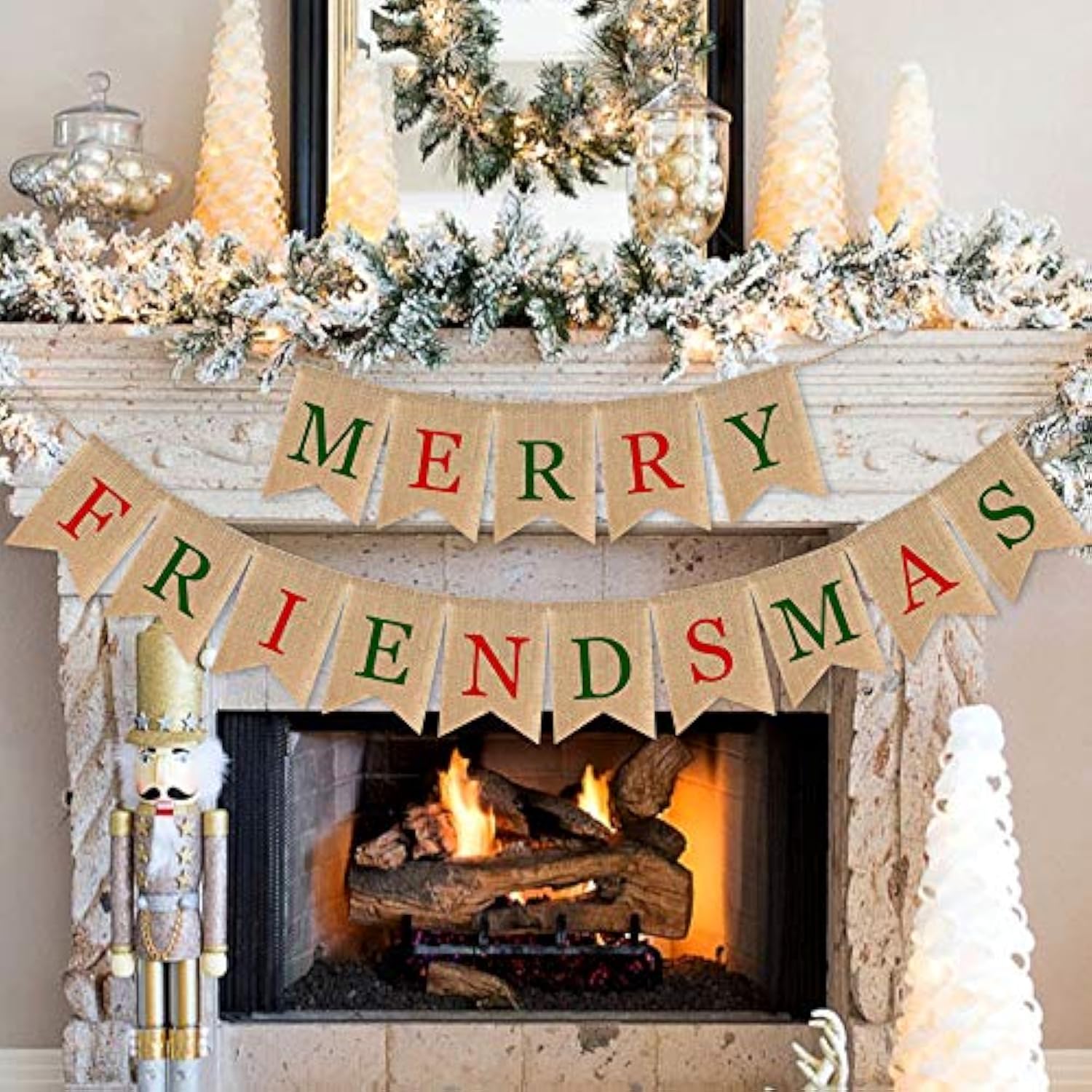 Burlap Merry Friendsmas Banner Christmas Holiday Friends Party Supplies Garland Decoration(Colorful)