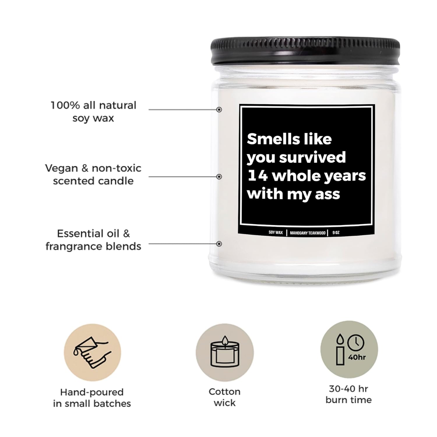 You Nique Designs 14Th Wedding Anniversary Candles For Him & Her 9 Oz Candle, Ivory Anniversary Presents For Men & Women, 14Th Year Gifts For Husband & Wife Gift Ideas (Mahogany Teakwood)